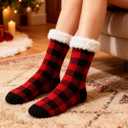 Slipper Socks for Women with Grippers, Fuzzy Christmas Socks Fluffy Cabin Cozy Winter Thick Warm Comfy Fleece Soft for Indoor Outdoor Room (One Size Wide, Red & Black Plaid)
