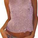 Meladyan Women Sexy Fishnet Knit Glittering Crop Tank Going Out Top Sheer Mesh Sleeveless Crewneck Solid Slim Cropped Tops, Large, Pink