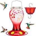 Kingsyard Glass Hummingbird Feeder for Outdoors Hanging - 26 oz Leak Proof Nectar Feeder with 6 Feeding Ports & Ant Moat for Garden Backyard Decor, Red