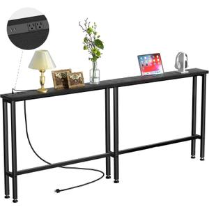 70" Narrow Console Sofa Table with Power Outlets & 2 USB Ports, Metal Frame, Black, Perfect for Hallway, Office, and Behind Sofa - Easy Assembly, 4.9' Extension Cord Included