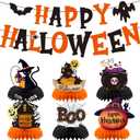 Halloween Decorations Honeycomb Table Centerpieces & Banner Set – 7PCS Black Cat, Haunted House, Pumpkin, Witch Hat & Cauldron Halloween Party Supplies for Home, Office, Classroom