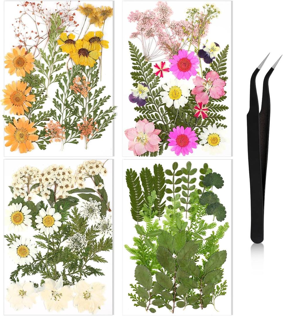 Nuanchu Pressed Flowers for Craft Resin Dried Flower Bulk White Natural Dried Wildflowers Daisy with Tweezer for Resin Mold Candles Cake DIY Mother's Day Craft Card Making Wedding Scrapbooking Supply (Elegant Color)