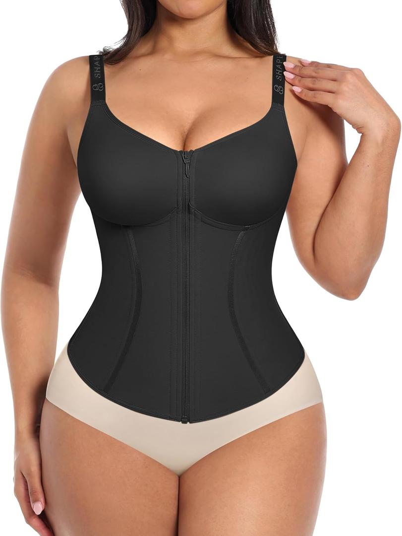 SHAPELLX Waist Trainer for Women Corset Top Tummy Control Shapewear Waist Cincher Body Shaper Fajas Colombianas Moldeadoras (Black, L)