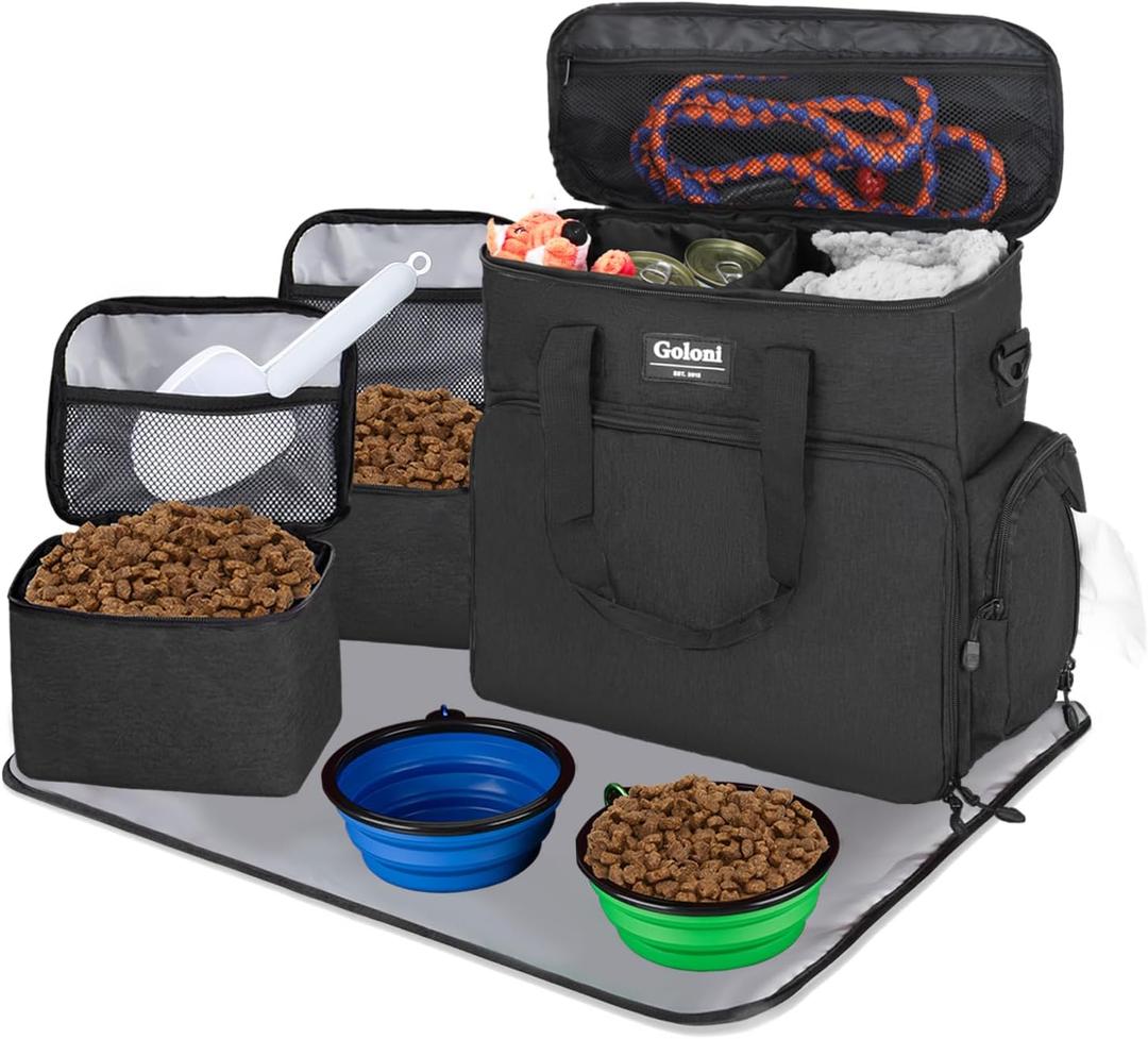 Dog Travel Bag Airline ApprovedPet Travel Tote with Collapsible Bowls,Food Containers & Feeding MatMulti-Pocket Organizer for Dogs & Cats, Durable & Water-Resistant for Hiking,Trips,Outdoors (Dark Gray)