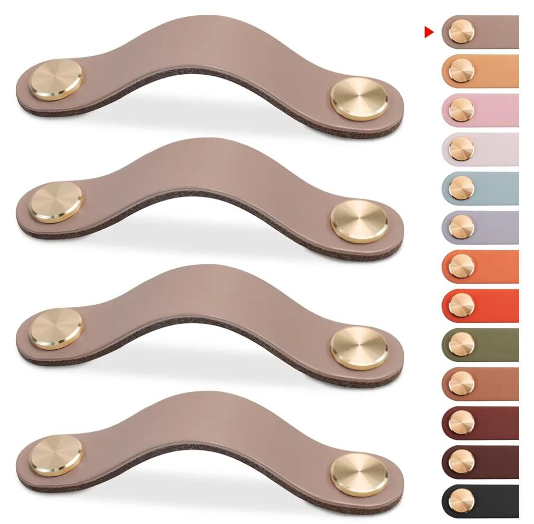 4 Pack Leather Drawer Pulls Flesh Cabinet Handles 5 inch Dresser Knobs Cabinet Door Handle, Faux Leather Pulls for Dresser, Closet, Kitchen Cupboard (5in Hole Center, Flesh)