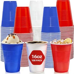 100 Pcs Patriotic Plastic Cups, 16 oz Red White and Blue Cups, Disposable Plastic Party Cups for Independence Day, 4th of July Party Supplies 