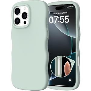 ORNARTO for iPhone 16 Pro Max Case 6.9"  Cute Curly Wave Edge | Camera Control Button | Shockproof Protective Liquid Silicone 16 Pro Max Phone Cover for Women Girls, Light Green