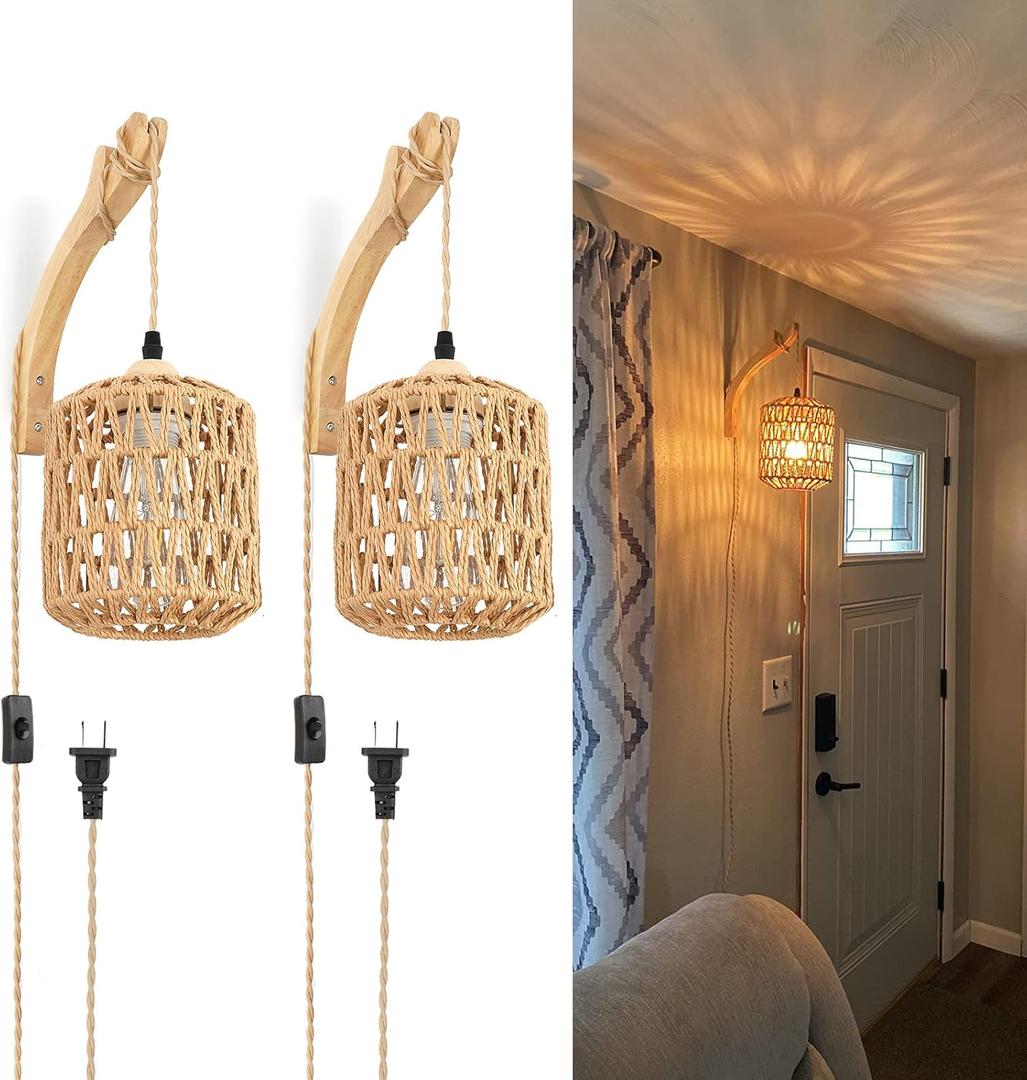 Frideko Plug in Wall Sconces Set of Two Hand Woven Lamp with Cord Rattan Lights Farmhouse Sconce Mounted Light Boho Lighting for Bedroom Living Room (Brown(2PC))