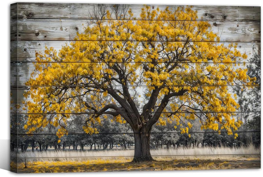 Yellow Tree Canvas Wall Art Vintage Autumn Maple Leaves Picture Fall Nature Poster Contemporary Artwork Modern Home Living Room Decor(Fall-1,16x24inch (40x60cm))