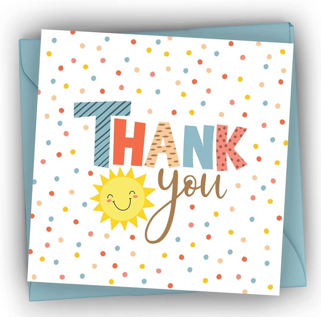Honeyplum Lil Ray of Sunshine Thank You Cards - Pack of 36 Cards With Matching Envelopes - Small Thank You Cards Sized 5 x 5