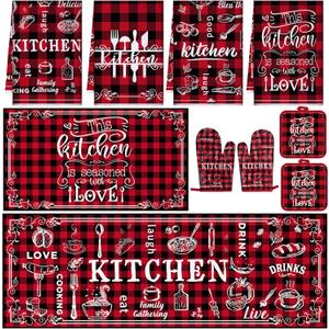 10 Pcs Christmas Kitchen Set, 4 Red and Black Plaid Kitchen Dish Towels 2 Farmhouse Pot Holders 2 Buffalo Check Oven Mitts Glove Rustic Non Slip Rugs and Mats for Home Decorations Christmas Mom Gifts