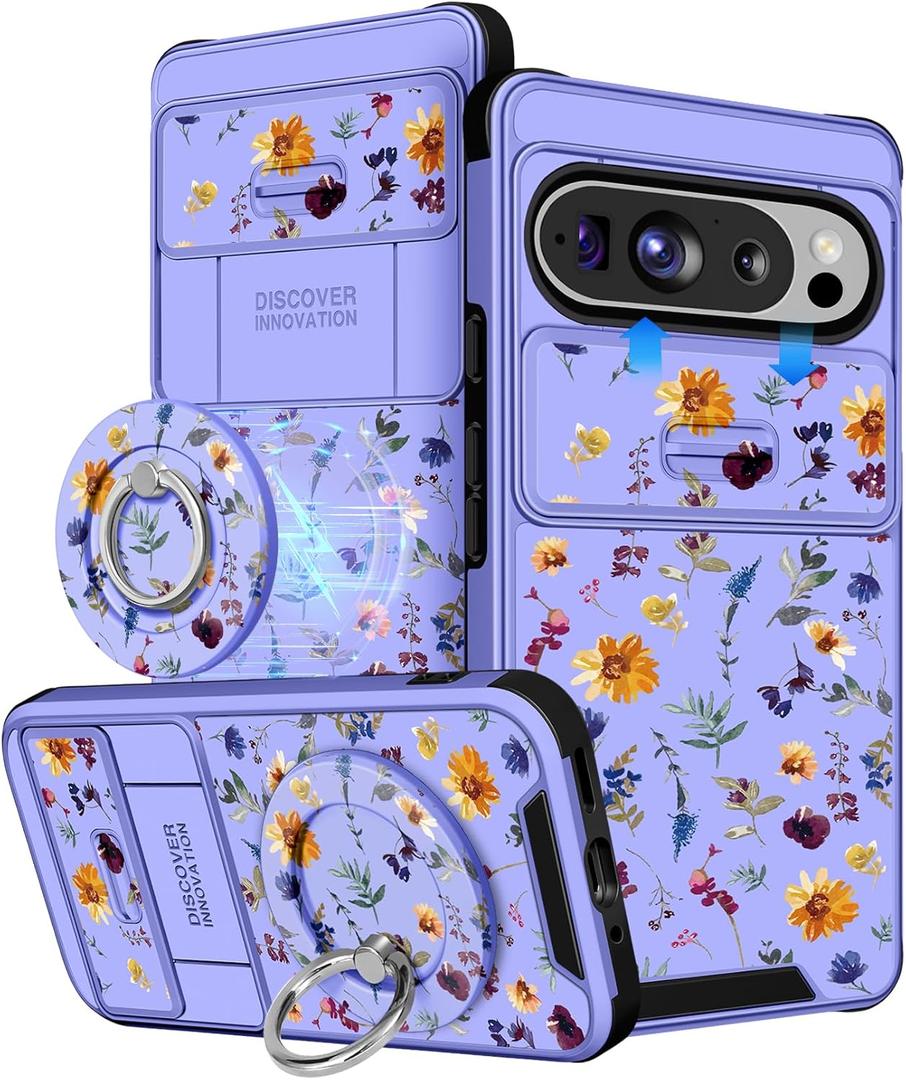 Buleens for Google Pixel 9 Pro XL Case 6.8" - with Ring Stand & Camera Cover Aesthetic Cute Designed Women Girls Pretty Girly Floral Flower Kawaii Phone Case for Pixel 9 Pro XL Compatible with Magsafe