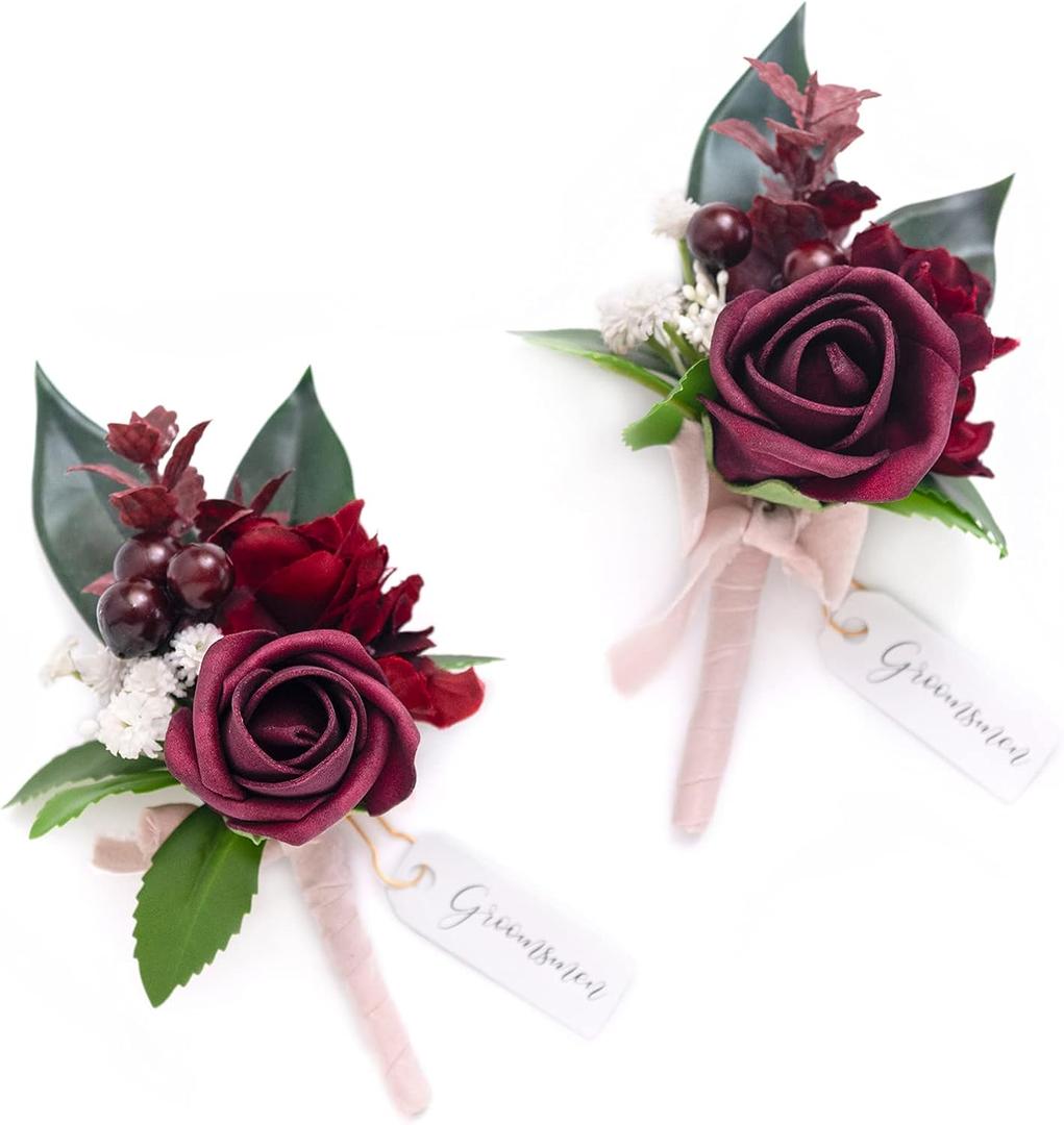 Ling's moment Boutonniere for Men, 2pcs Groom Groomsmen Guest Boutonniere, Artificial Flowers for Wedding/Prom/Homecoming, etc.Burgundy Marsala