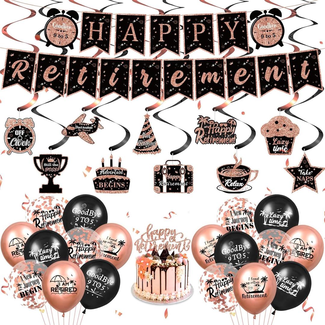 Retirement Party Decorations for Women,Rose Gold Happy Retirement Party Supplies, Retirement Banner,18pcs Retirement Latex Cofetti Balloons, Hanging Swirl, Cupcake Topper Retirement Party Decor Favors