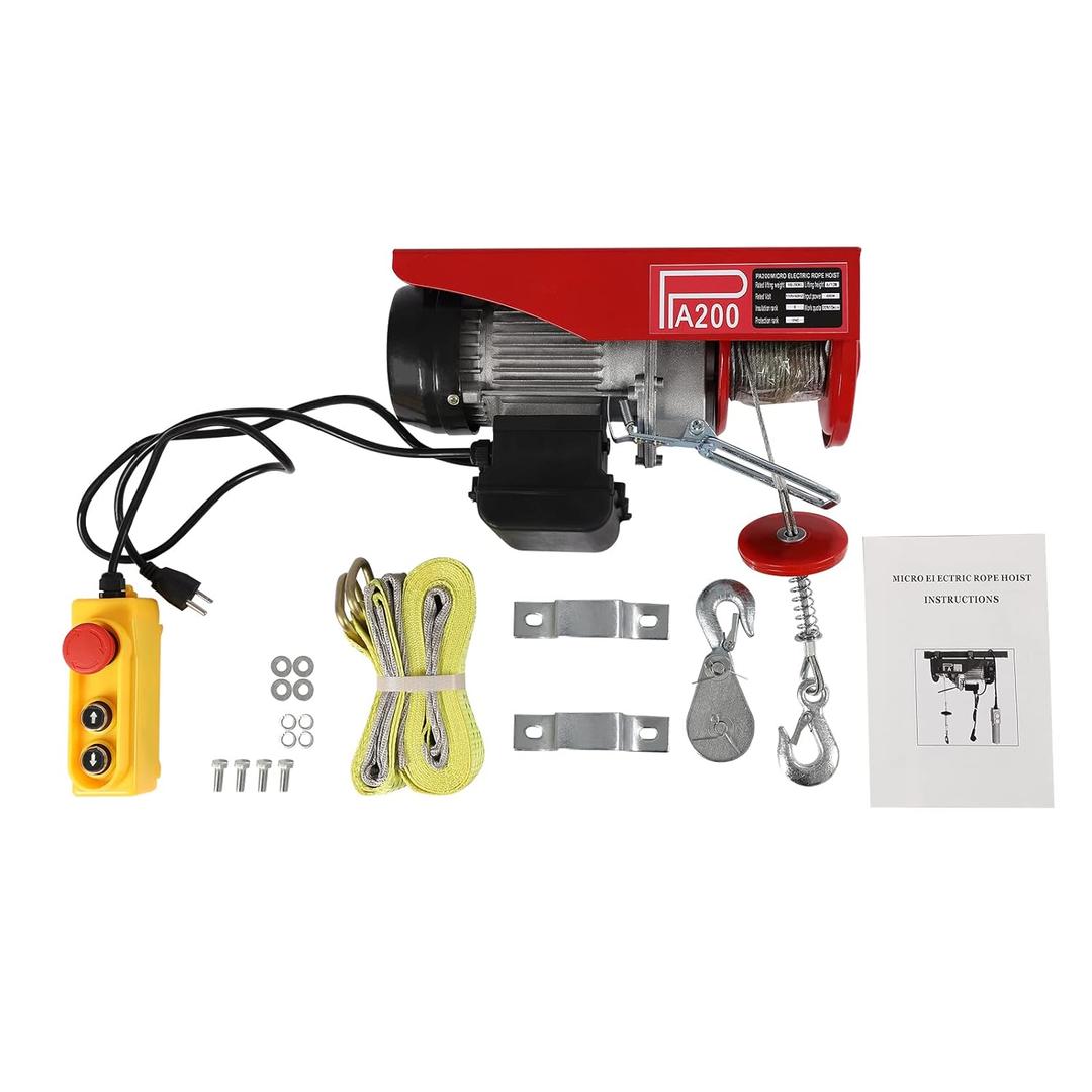 Electric Hoist 110V Electric Winch 440Lbs Electric Hoist Lift with Remote Control and Single/Double Sling for Lifting of Goods Factories Warehouses Garages Construction Sites
