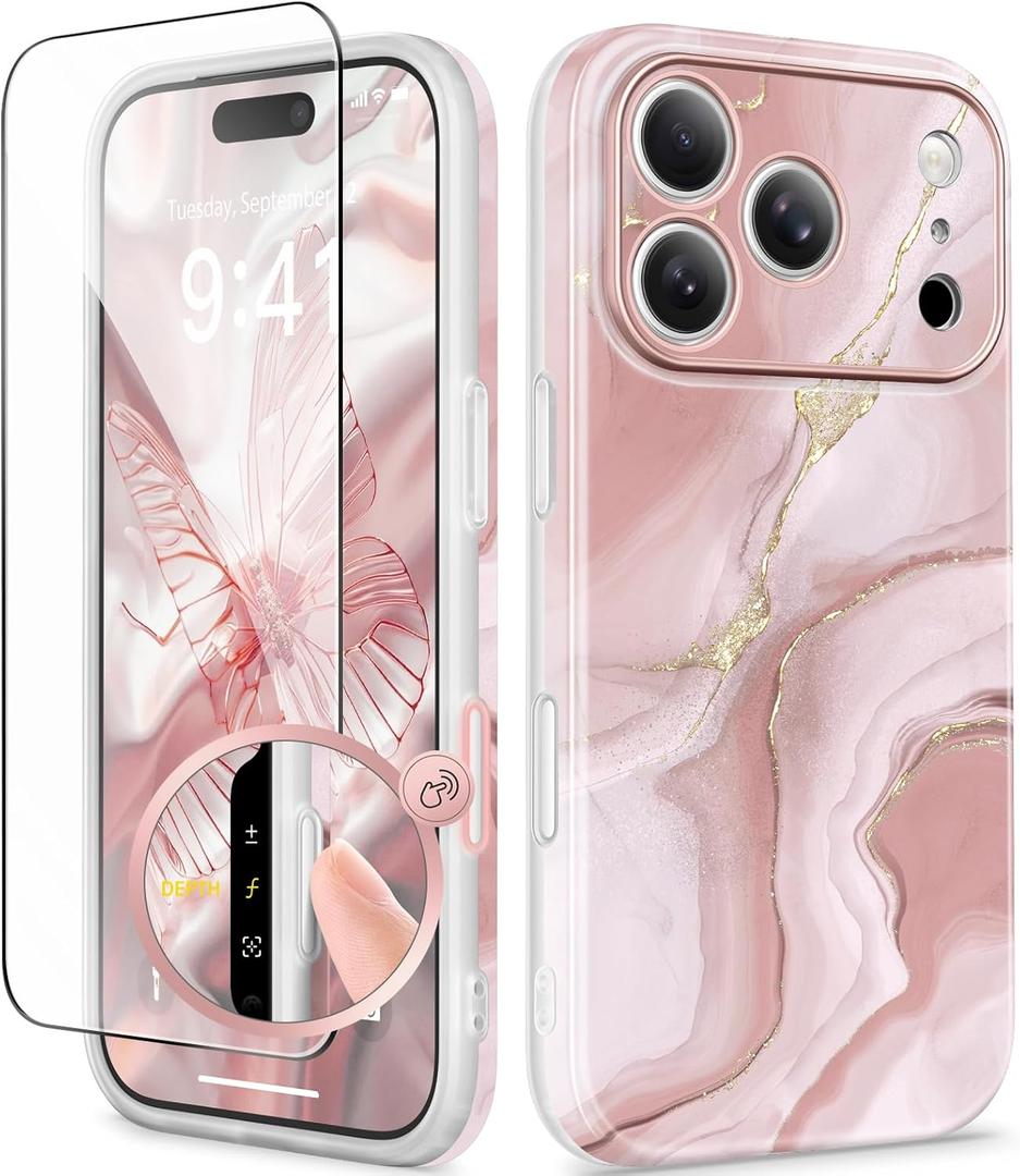 GVIEWIN for iPhone 17 Pro Case Compatible with MagSafe, with Screen Protector [Full Camera Protection] Military-Grade Shockproof Slim Magnetic Marble Phone Case for 17 Pro 6.3", Rhodonite/Pink