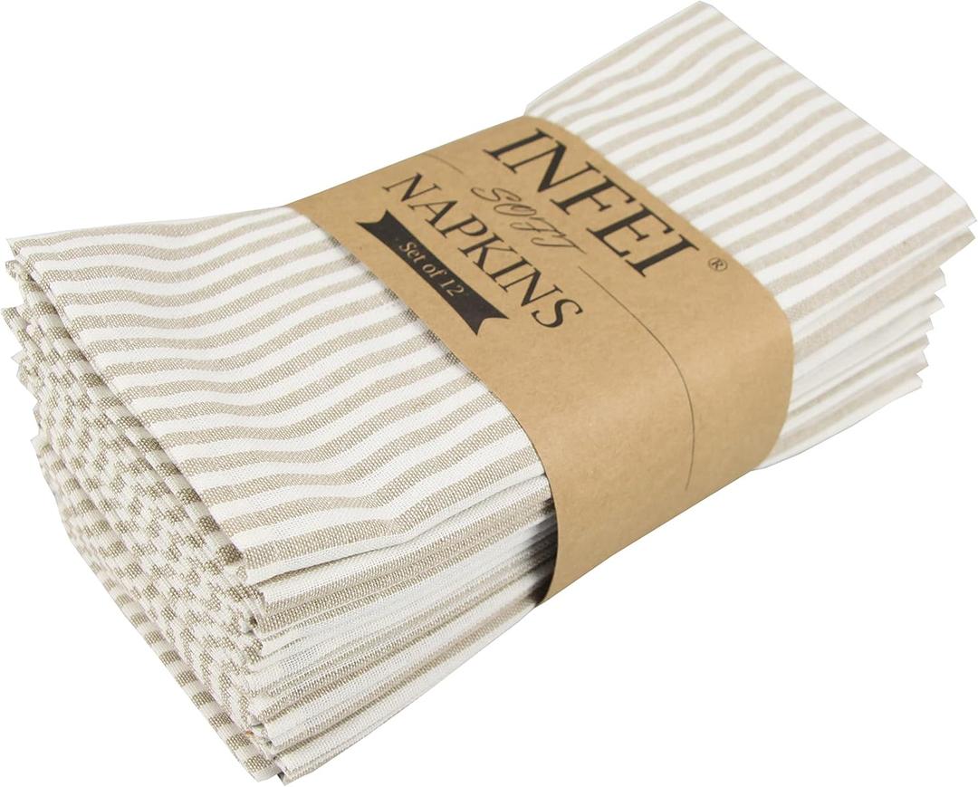 Plain Striped Cotton Linen Blended Dinner Cloth Napkins - Set of 12 (40 x 30 cm) - for Events & Home Use (Beige)
