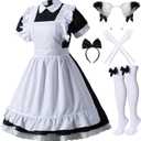 Japanese Anime 6Pcs Lolita French Maid Apron Fancy Dress Cosplay Costume Gloves Headwear Socks Set(Black 3XL)