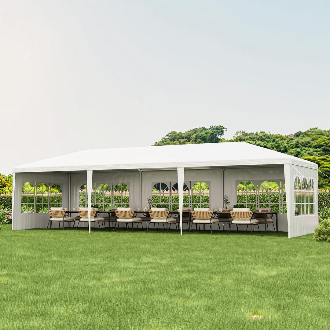Tangkula Heavy Duty Party Tent - 10x30 Ft White Event Tent with 6 Sidewalls & 2 Zippered Doors, Ideal for Outdoor Weddings, Parties & Backyard Events