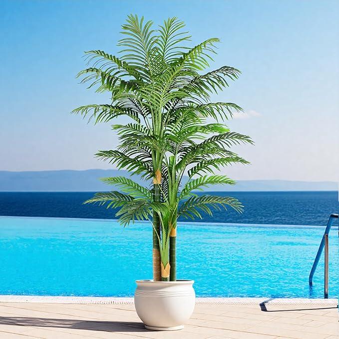 Keeplush 7ft Tall Triple Golden Cane Palm Artificial Tree Large Tropical Palm Tree UV Resistant Fake Plant in Pot for Indoor Outdoor Big House Living Room Outside Patio Office Home Decor 1Pack