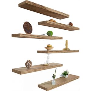 Wood Floating Shelves for Wall Decor, Rustic Wall Shelves for Bedroom Bathroom Kitchen Living Room, Set of 6 Light Walnut (17inch)