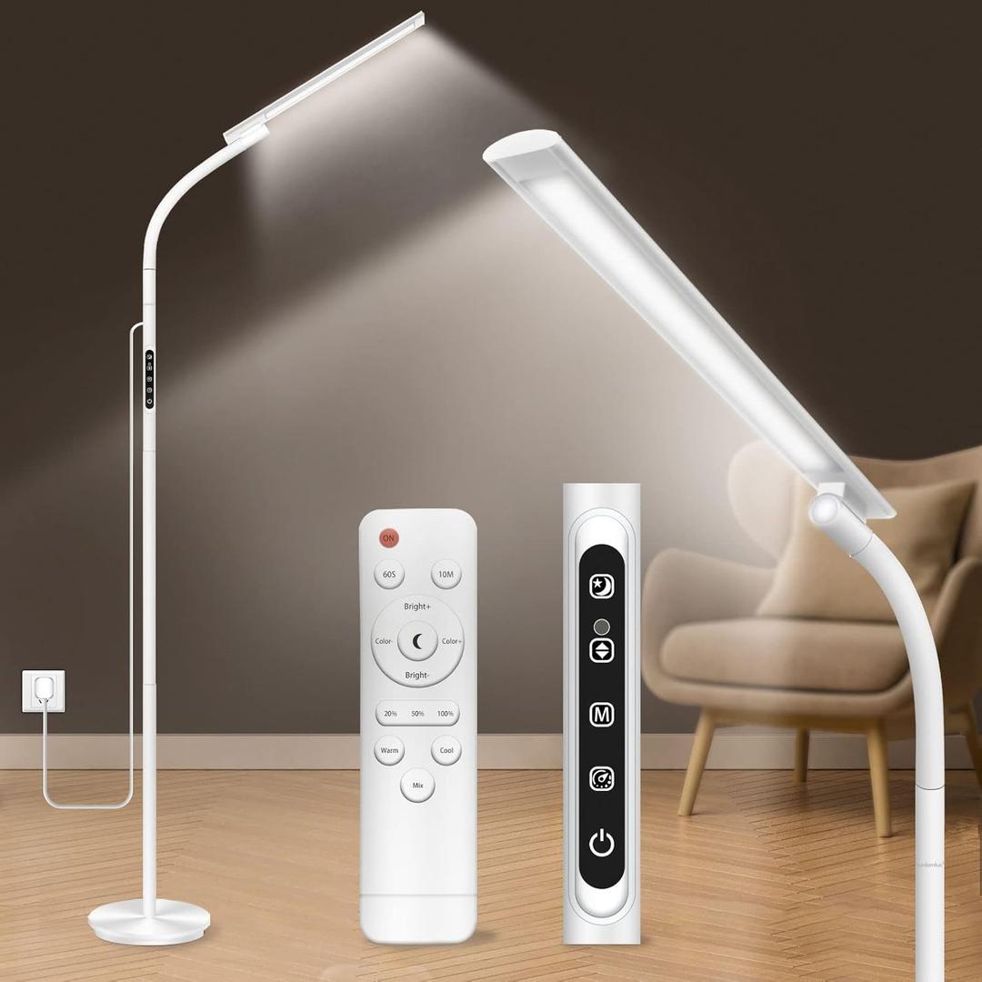Light Therapy Lamp,10000 Lux Happy Therapy Light, Floor Sun Therapy Lamp with Remote & Touch Control & Adjustable Gooseneck for Reading/Office/Home (White)