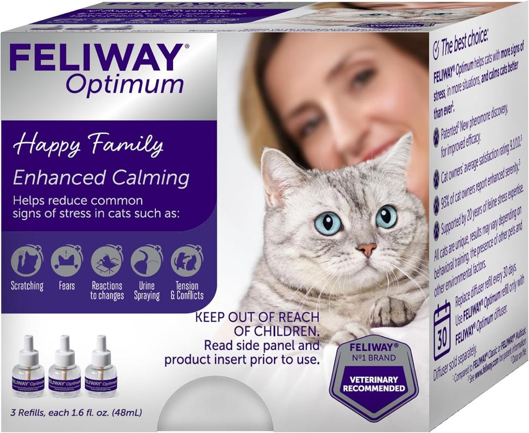 FELIWAY Optimum 3 x 30 Day Cat Calming Refills for Pheromone Diffuser, 3 x 48ml Value Pack - Helps Reduce Common Signs of Stress in Cats & Kittens, Enhanced Calming