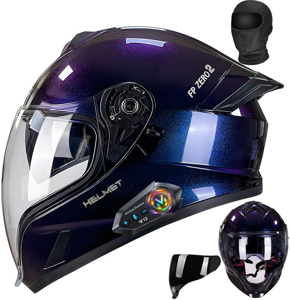 Bluetooth Full Face Motorcycle Helmet DOT Approved Modular Motorcycle Helmets with Built-in Sun Visor, Multi-Ventilation Ports, for Adults Men Women Casco Moto Hombres Mujeres, L57~58CM (Purple, L)