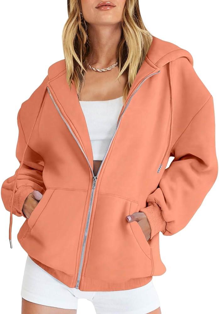 Fisoew Womens Zip Up Sweatshirts Fleece Lined Collar Crop Hoodie Casual Cotton Long Sleeve Tops with Thumb Hole Orange  (Small)