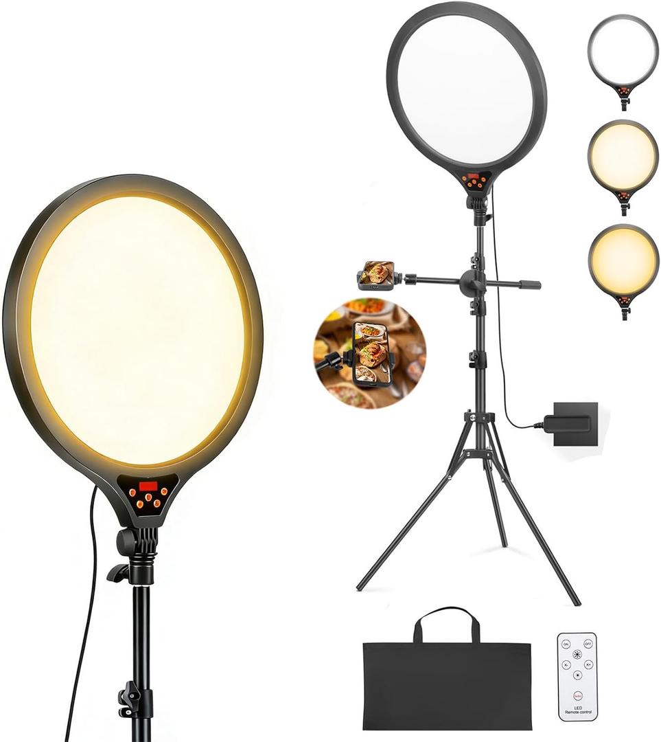 14" Ring Light with Stand, 6500K Professional Full-Screen Large Ring Light LED Selfie Light Dimmable Photography Lighting with Remote Control, Overhead Phone Holder, Stand for YouTube TikTok