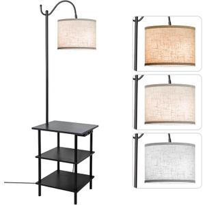 EOEYYOYB Floor Lamp with 3-Tier Shelves, End Table Lamp with USB Charging Port Power Outlet, Side Table Reading Light with 3 Color Temperature Led Bulb Included, Floor Lamps for Living Room, Black