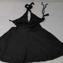 Milumia Women's Sexy Ruched Deep V Neck Backless Halter Dress A Line Flare Party Mini Dress (Size Medium)