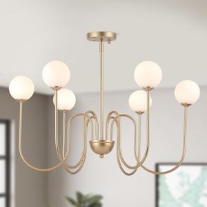 Modern Glass Golden Chandelier Light Fixture Vintage 6-Lights Chandeliers with Milk Frosted Glass Mid Centry Modern Gold Chandelier for Dining Room, Kitchen Island, Living Room, G9