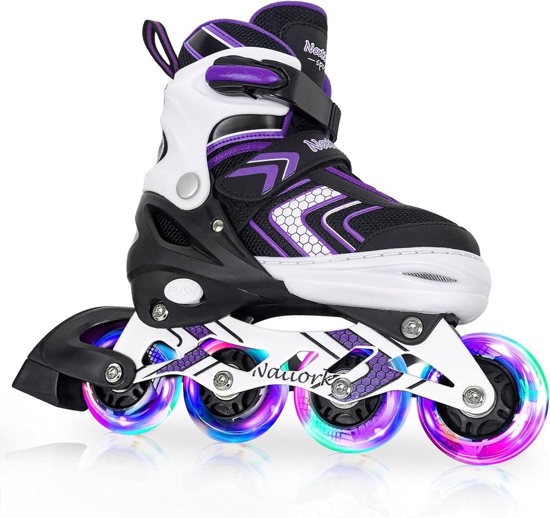 Nattork Inline Skates for Kids Girls Boys with Full Light Up Wheels,Adjustable Safe Durable Inline Skates,Outdoor Roller Skates for Girls Boys Youth Beginners (Medium-Big Kid (1-4 US), Purple)