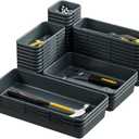 BYCY 38PCS Interlocking Desk Drawer Organizer Tray Divider Set, Plastic Black Desk Organizer Separator, Office Drawer Dividers Storage Bins for Office Bathroom Kitchen (38pcs 5Size)