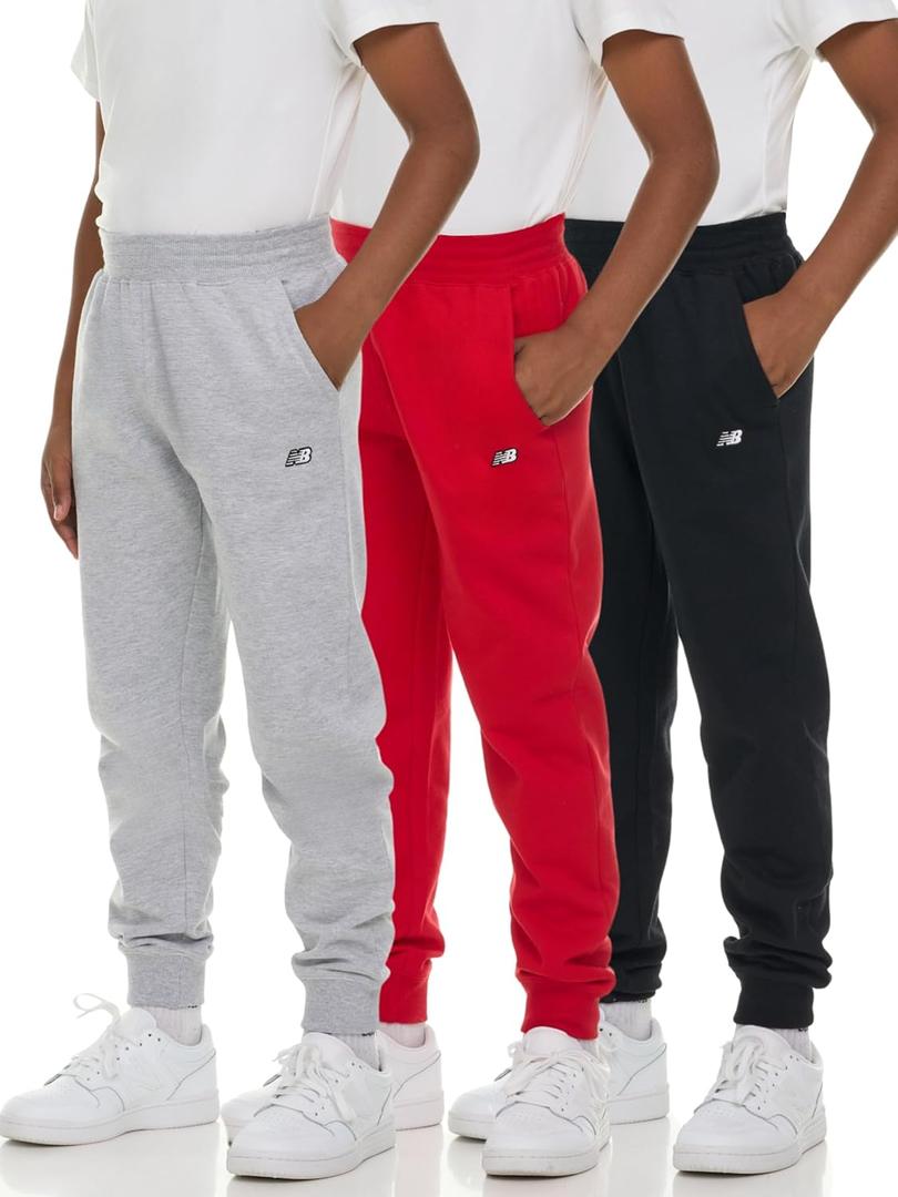 New Balance Boys Fleece Jogger 3 Pack  Kids Soft Cotton Blend Fleece Sweatpants with Pockets, Athletic Fit, Sizes 4-20 (5-6, Black/Red/Grey)