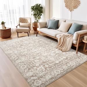 Soalmost 5x7 Area Rugs for Living Room, Washable Vintage Floral Non-Slip Low Pile Neutral Rug Soft Throw Carpet for Dining Room Bedroom Home Office Nursery (Light Brown, 5'x7')
