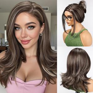 HAIRCUBE Long Wavy Wigs for Women with Partial Bangs, Heat Resistant Fibre Synthetic Lace Front Wig Brown with Highlights