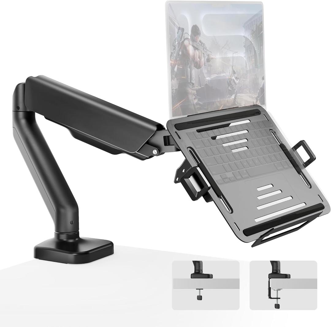 monTEK Laptop Arm Mount for Desk, 2-in-1 Monitor & Laptop Stand with Adjustable Laptop Tray, Fits Max 18" Notebook and 32" Screen, Aluminum Single Monitor Holder with VESA 75/100, Clamp/Grommet, Black