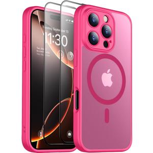 SPIDERCASE Magnetic for iPhone 16 Pro Max Case, Translucent Matte with 2PCS Tempered Glass Screen Protector [Upgraded Full Camera Protection] Anti-Scratch Slim Phone Case Slim Phone Case,Rose Red