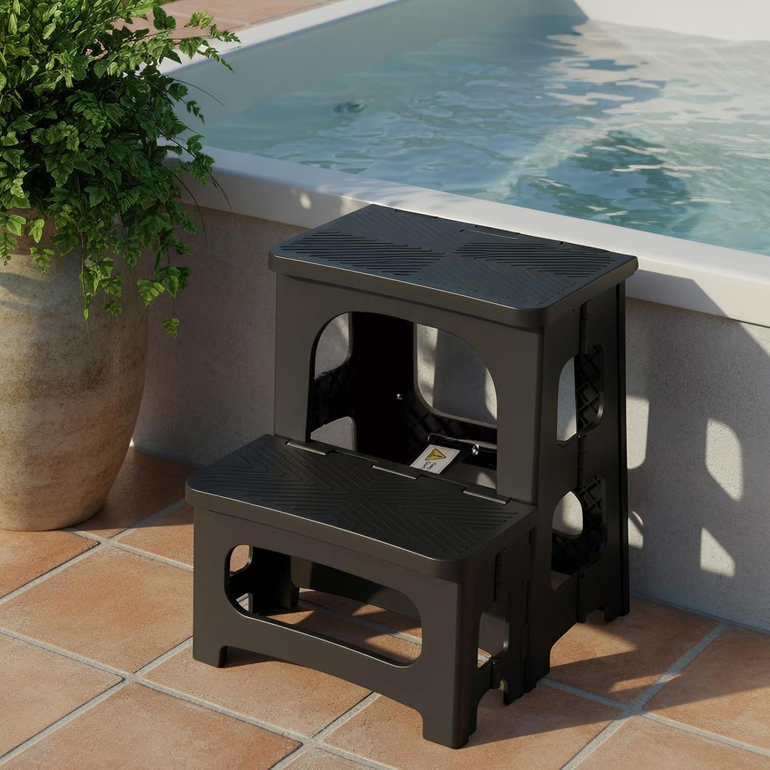 Collapsible 2-Step Stool, 8x17inch Non-Slip Hot Tub Steps Outdoor, Foldable Step Ladder, Hold up to 300 lbs, Plastic 2 Step Pool Ladder for Kitchen Office Home RV, Black (Black)