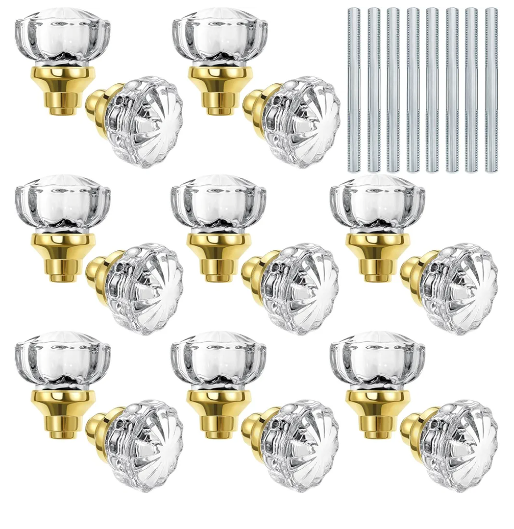Amylove 8 Set Glass Door Knobs Mortise Style Fluted Crystal Door Knobs with Antique Spindle for Bedroom Bathroom, Diamond (Gold)