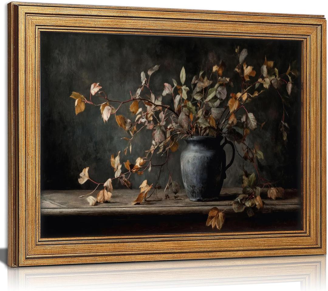 Vintage Gold Framed Flowers Wall Art, Moody Autumn Leaves in Vase Oil Painting Prints, Dark Floral Picture Wall Decor, Vintage Botanical Still Life Poster Artwork for Living Room Bathroom Bedroom, 16"L x 12"W