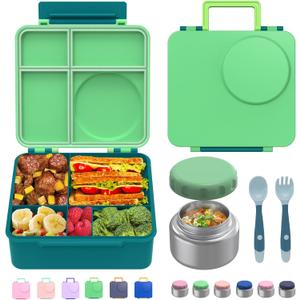 Bento Box for Kids - Leak-Proof Bento Lunch Box with Insulated Thermos Food Jar - 4 Compartments, 1 Removable Divider, 1Spoon, 1 Fork - Dishwasher Safe, BPA-Free (Green)