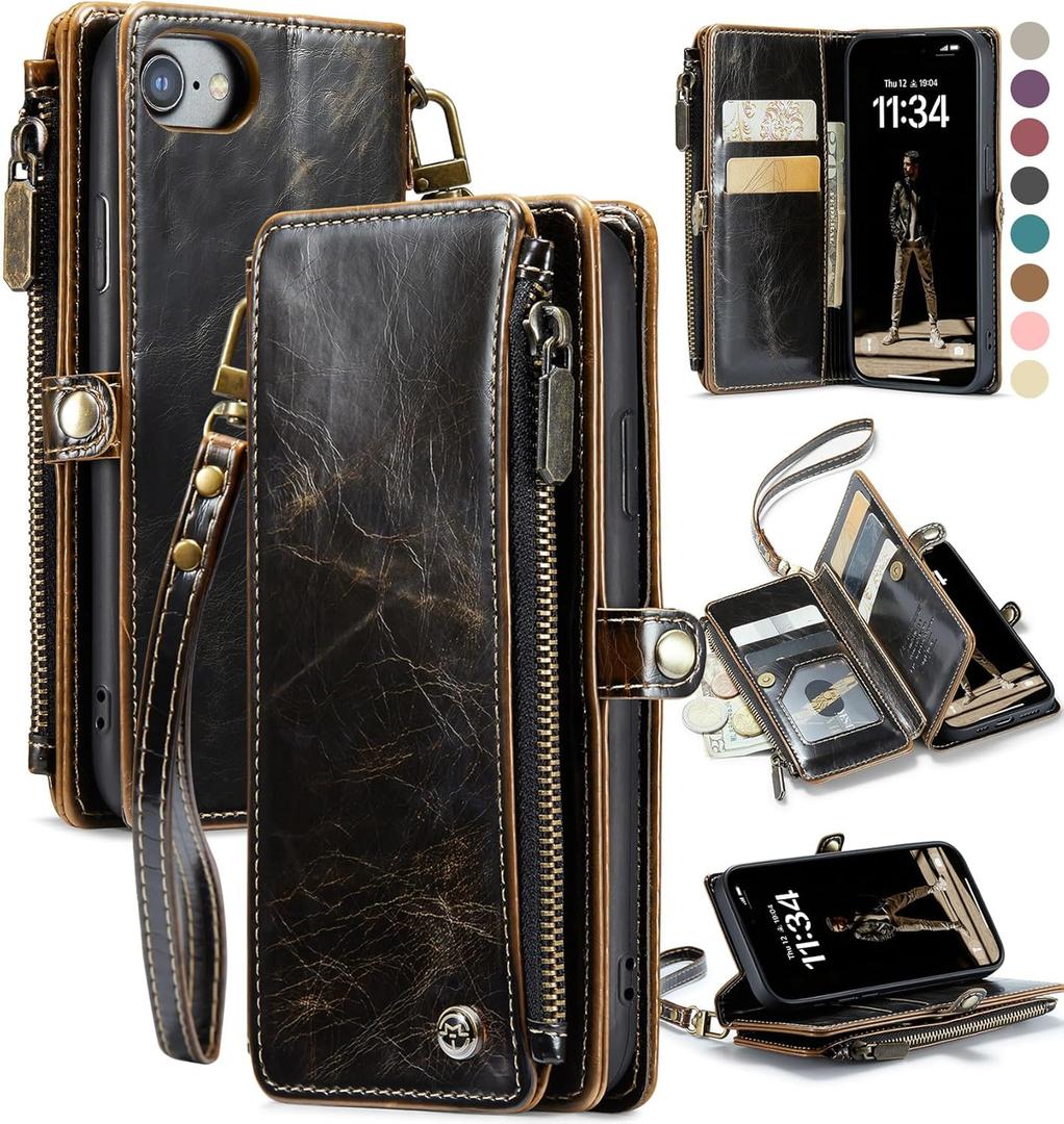 Defencase Compatible with iPhone SE 2020 2022 Case Wallet with RFID Blocking Card Holder for Women Men, Soft PU Leather Magnetic Snap Flip Zipper Strap Wallet Phone Case Fit for iPhone SE/7/8, Coffee