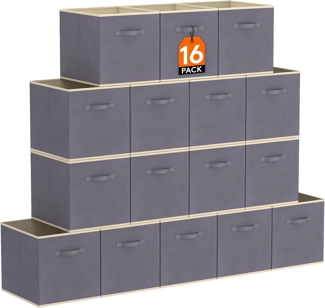Lifewit 16 Packs Storage Cubes, 11 Inch Cube Storage Bins, Foldable Decorative Fabric Storage Baskets for Organizing Home Organizers with Handles for Shelves, Closet, Grey (Gray)