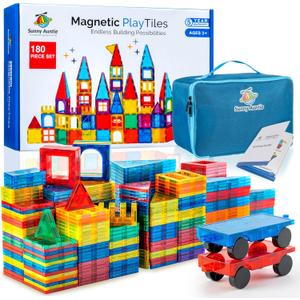 Magnetic Tiles 180 PCS+ Bonus Zippered CASE, Magnetic Tiles for Kids Toy for 3 4 5 6 7 8 Year Old Boys & Girls, Great Gift for Kids Aged 3-8, XL Set