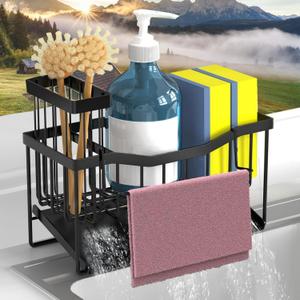 Sponge Holder for Kitchen Sink with Auto Draining Tray,Kitchen Sink Caddy Organizer with Rag Holder, Rustproof Stainless Steel Kitchen Organizers Soap Dispenser Storage Organize