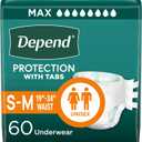 Depend Incontinence Protection with Tabs, Unisex, Small/Medium (1934" Waist, Up To 170 lbs), Maximum Absorbency, Count of 60 (Pack of 3)