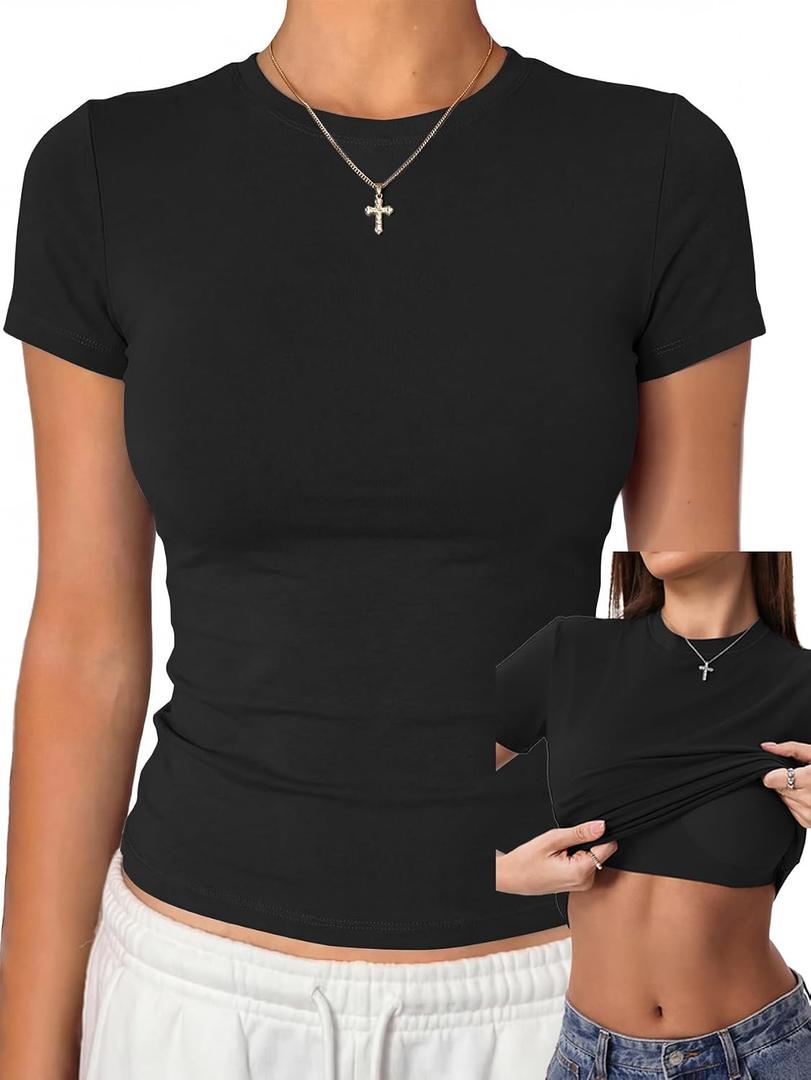 Danysu Nude Built in Bra Cotton Jersey T Shirt No See Through Stretchy Lightweight Fitted Everyday Basic Tops Gym Workout Tee L